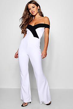 Boohoo Petite Contrast Lapel Bardot Jumpsuit