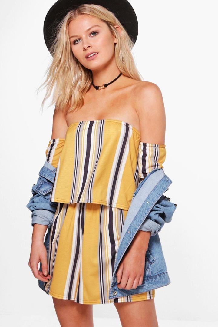 Boohoo Rose Off Shoulder Striped Playsuit Mustard