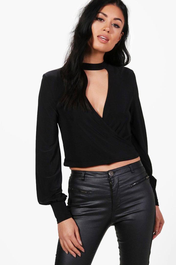 Boohoo Isla Slinky Cut Out Wrap Crop Black