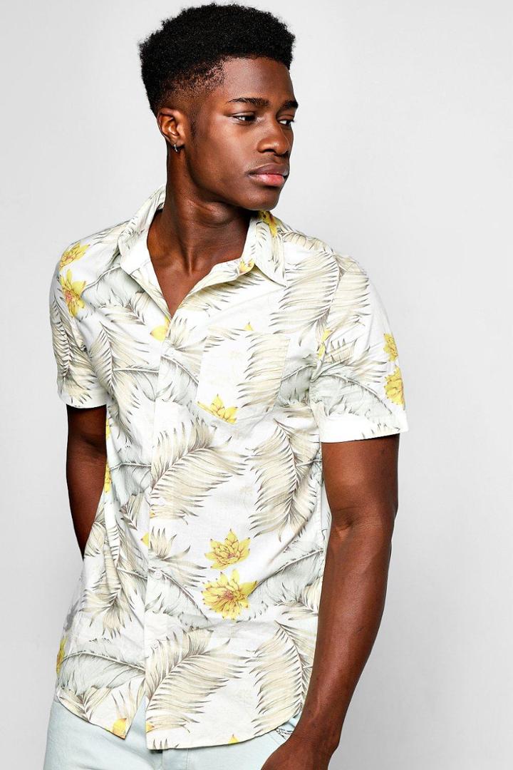 Boohoo Floral Print Short Sleeve Shirt With Raw Edge Stone