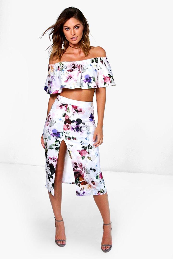 Boohoo Cara Off The Shoulder Floral Split Skirt Co-ord Multi