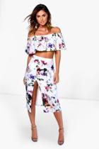 Boohoo Cara Off The Shoulder Floral Split Skirt Co-ord Multi
