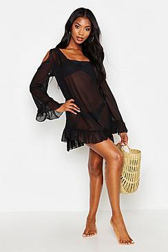 Boohoo Chiffon Open Shoulder Beach Dress