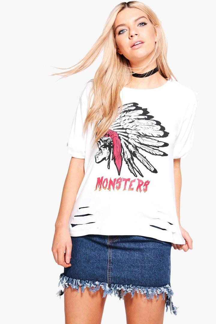 Boohoo Violet Printed Distressed Western Tee White