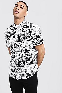 Boohoo Comic Print Short Sleeve Cotton Shirt