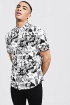 Boohoo Comic Print Short Sleeve Cotton Shirt