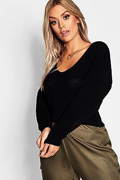 Boohoo Plus V Neck Fisherman Crop Jumper