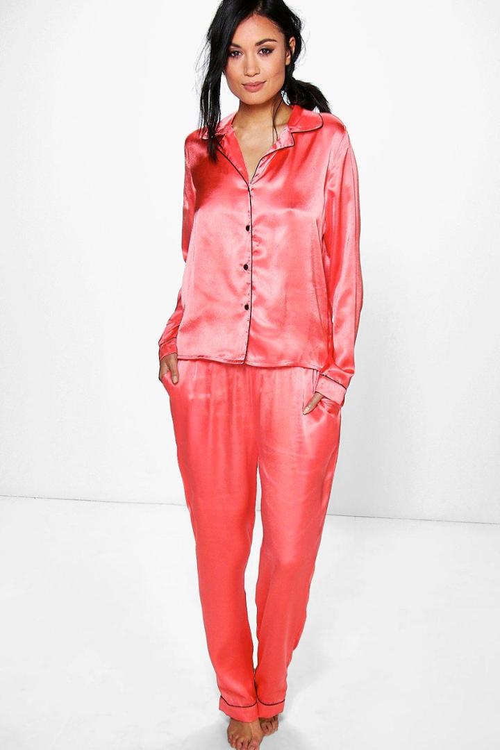 Boohoo Esme Satin Button Through Shirt And Trouser Set Coral