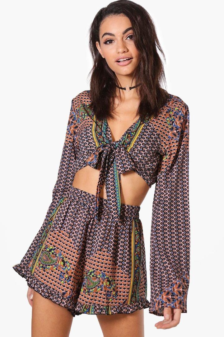 Boohoo Zoe Wide Sleeve Crop Top & Short Co-ord Multi