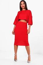 Boohoo Amber Puff Ball Sleeve Top And Midi Skirt Set