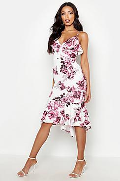 Boohoo Floral Wrap Ruffle Midi Dress