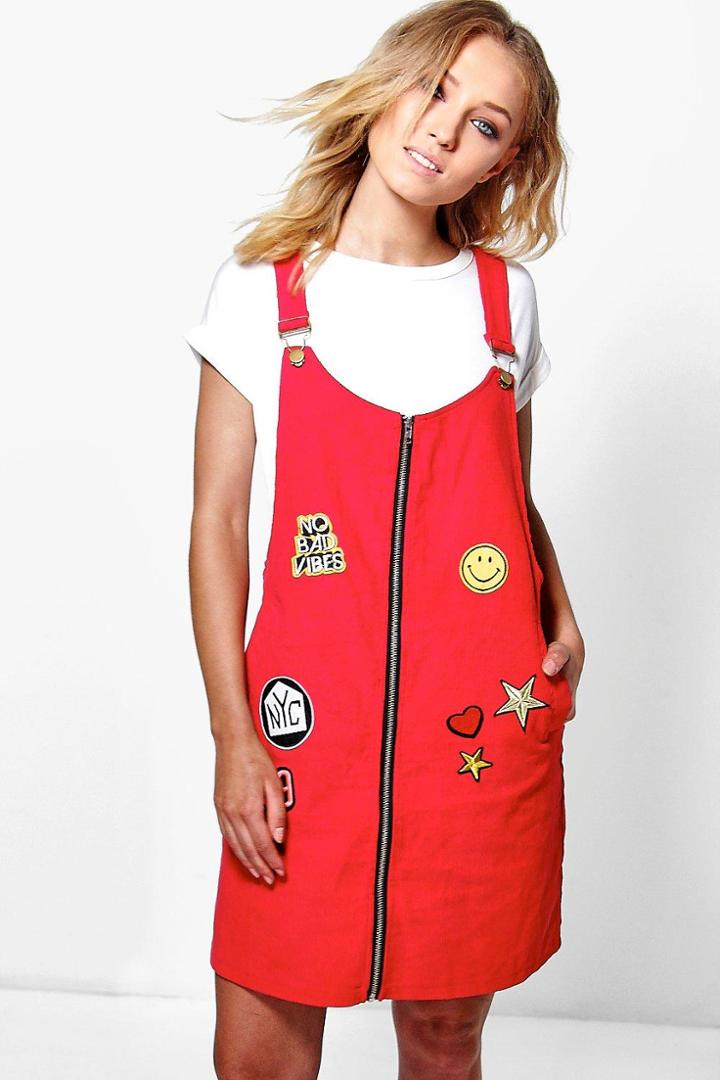 Boohoo Pandi Badge Pinafore Dress Red
