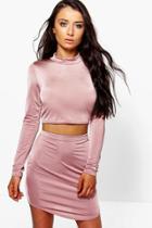 Boohoo Rose Curved Hem Slinky Mini Skirt And Crop Top Rose