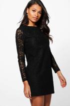 Boohoo Ismita Lace Long Sleeve Shift Dress Black