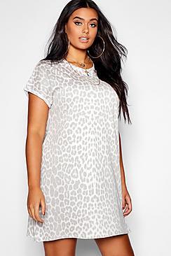 Boohoo Plus Leopard Roll Sleeve Tee Dress