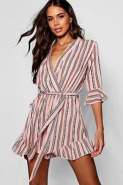 Boohoo Tall Stripe Wrap Playsuit