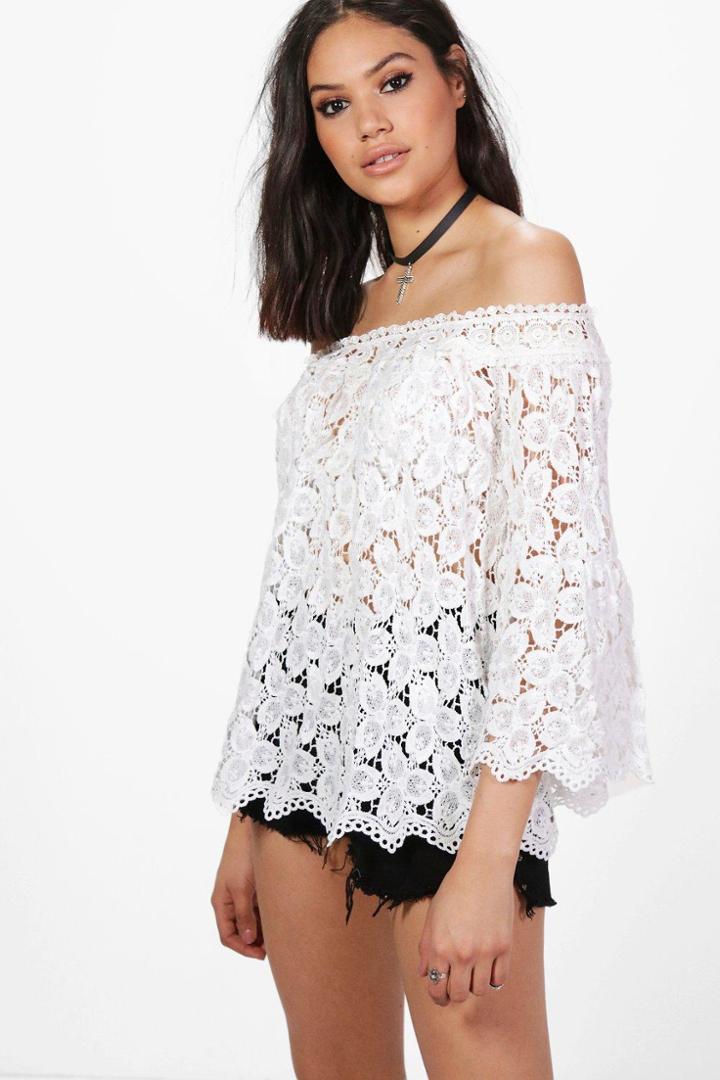 Boohoo Isobel Crochet Bardot Top White