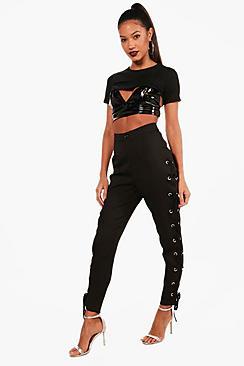 Boohoo Celeste Woven Lace Up Eyelet Side Trouser