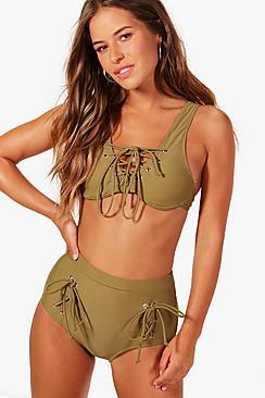 Boohoo Petite Louise Lace Up Detail Bikini