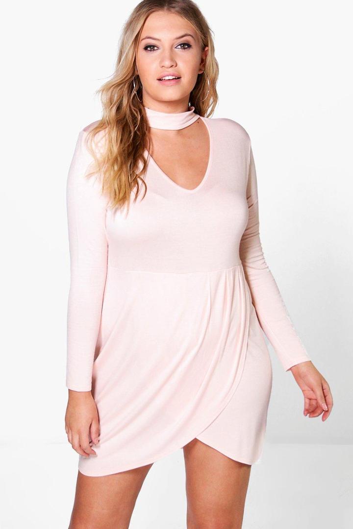 Boohoo Plus Rosie Choker Wrap Front Dress Nude