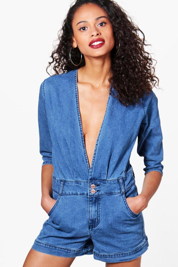 Boohoo Burney 3/4 Sleeve Plunge Front Denim Playsuit Blue