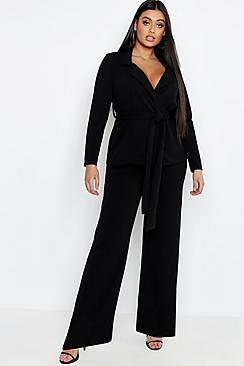 Boohoo Plus Tie Waist Blazer & Wide Leg Trouser Co-ord