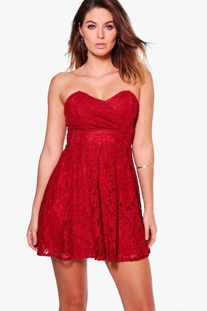 Boohoo Lauren Lace Bandeau Skater Dress Red
