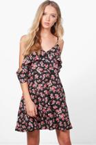 Boohoo Coral Frill V Neck Cold Shoulder Tea Dress Multi