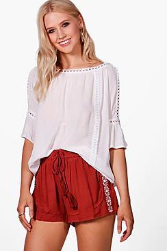 Boohoo Carol Embroidered Tassel Tie Runner Shorts