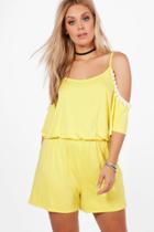 Boohoo Plus Zoe Cold Shoulder Pom Pom Playsuit Yellow