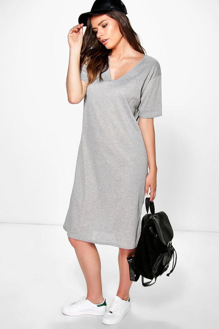 Boohoo Bridget Midi V Neck Ribbed Shift Dress Grey