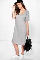 Boohoo Bridget Midi V Neck Ribbed Shift Dress Grey