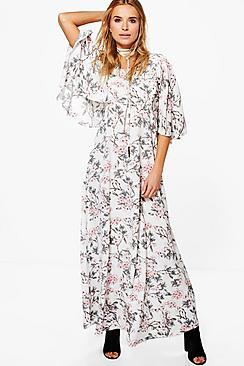 Boohoo Ama Floral Neck Tie Angel Sleeve Maxi Dress