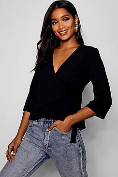 Boohoo Plain Wrap Detail Blouse