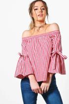Boohoo Petite Bethany Off The Shoulder Gingham Top Red