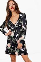 Boohoo Brooke Oriental Print Frill Skater Dress