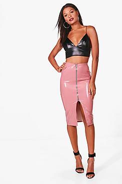 Boohoo Vinyl Zip Through Midi Skirt