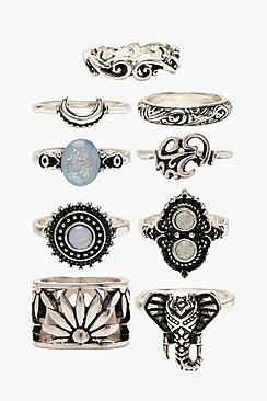 Boohoo Blue Stone Boho 9 Ring Pack