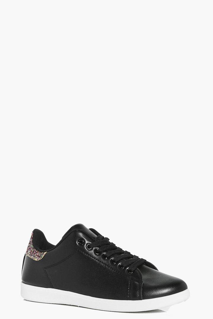 Boohoo Mya Glitter Back Lace Up Trainer Black