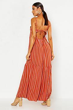 Boohoo Linen Look Striped Halter Ruffle Maxi Dress