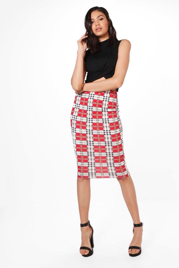 Boohoo Emily Tartan Check Midi Skirt Red