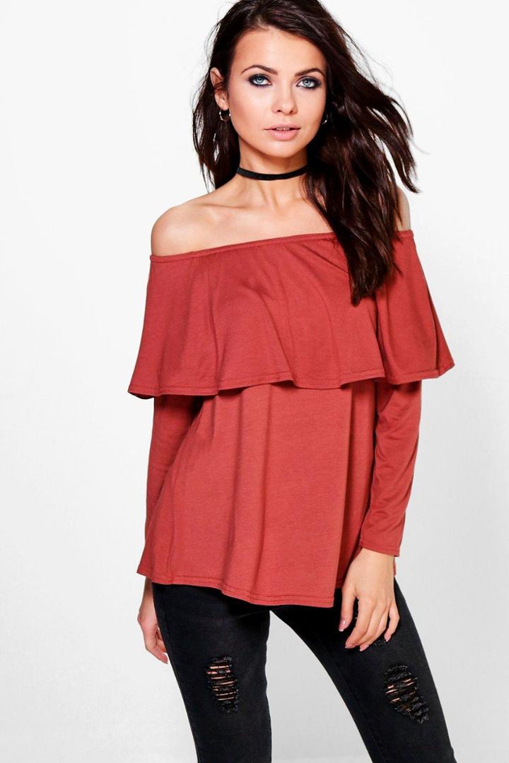 Boohoo Beth Long Sleeve Frill Bardot Top Rust