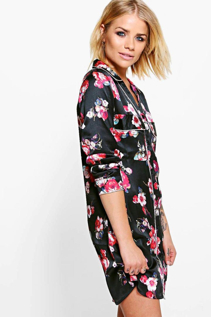 Boohoo Ella Satin Piped Shirt Dress Black