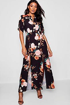 Boohoo Collarless Woven Floral Maxi Shirt Dress