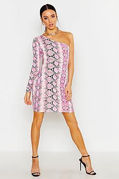 Boohoo Petite Neon Snake One Shoulder Bodycon Dress