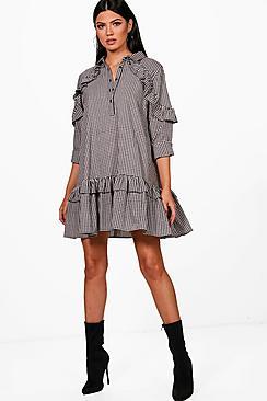 Boohoo Jane Double Ruffle Gingham Smock Shirt Dress