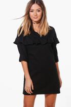 Boohoo Petite Imogen Ruffle Detail Denim Shirt Dress Black