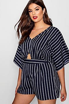 Boohoo Plus Flare Sleeve Stripe Playsuit