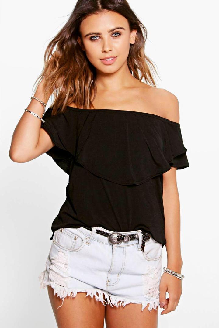 Boohoo Petite Izzie Double Layer Bardot Top Black