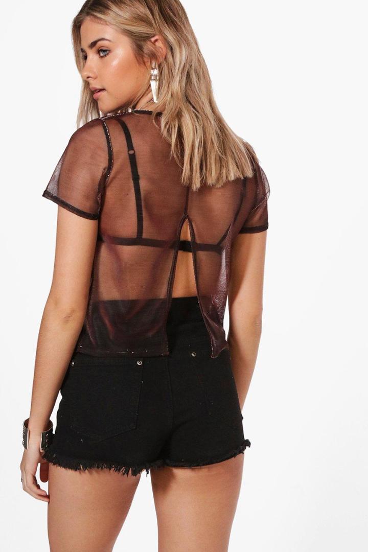 Boohoo Lizzie Split Back Metallic T-shirt Red